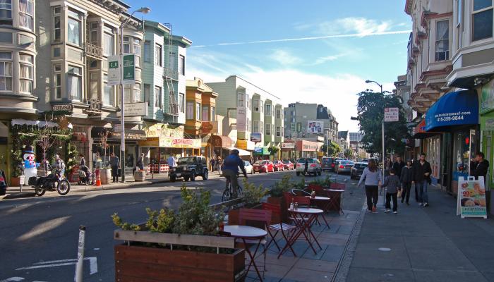 A busy Polk Street during daytime